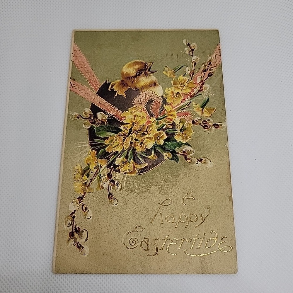 c1910's Easter Hanging Hatched Egg Chick Pansies Flowers Embossed Postcard‎